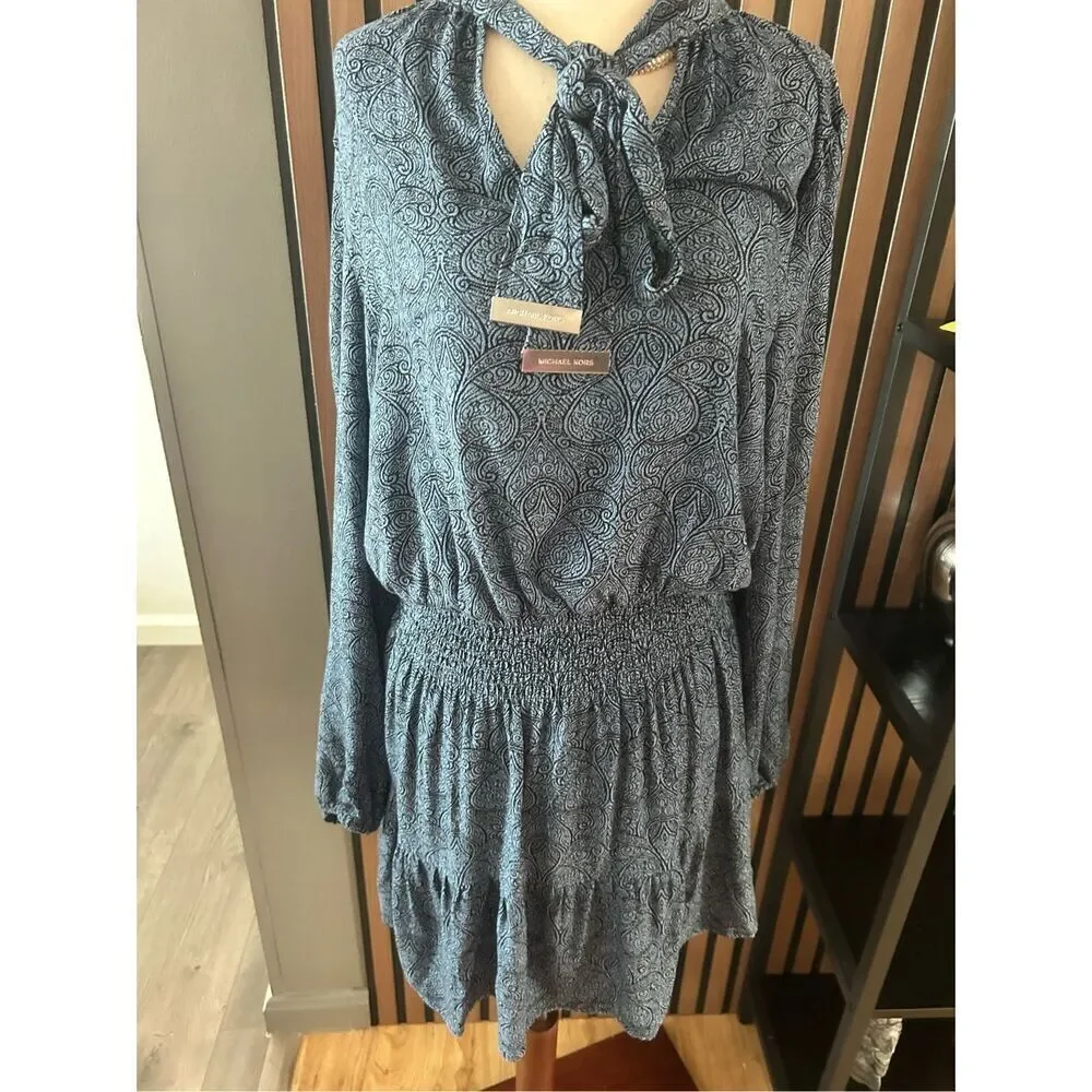 Michael Kors Blue Paisley V-neck Dress with Branded Neck Tie Size 4 mini western